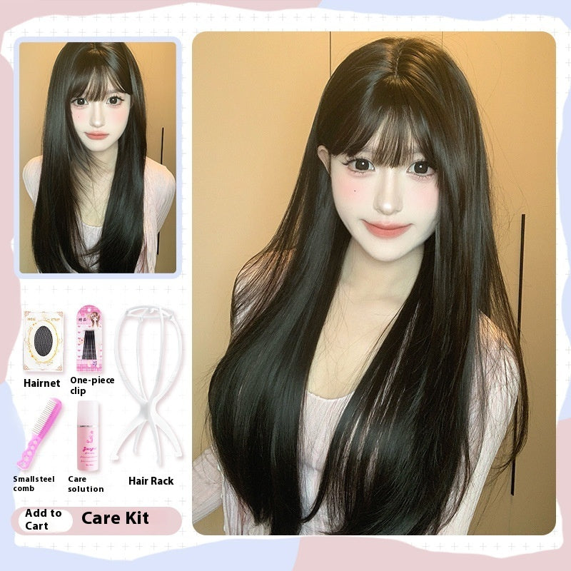 Wig Female Dark Brown Round Face Natural Full-head Wig