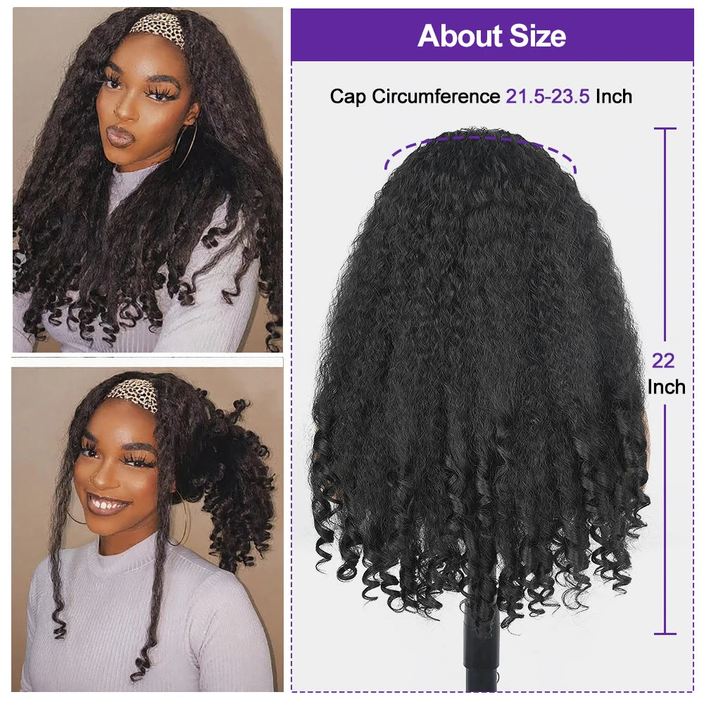 Afro Kinky Straight Headband Wigs For Black Women 22 Inch Natural Black Short Afro Yaki Straight Wigs With Headband Bouncy Curly