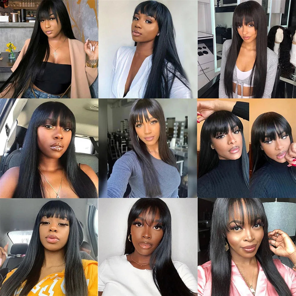 Sholove Straight Bang Human Hair Wig With Bang Glueless Wig Human Hair Ready to Wear Full Machine Made Wigs Human Hair for Women