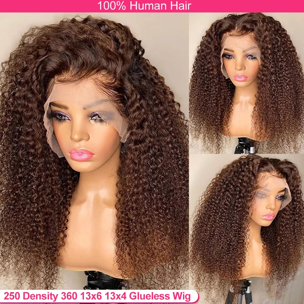 Deep Wave 13x6 HD Lace Frontal Wig Invisible Strap 360 Full Lace Wig Glueless Human Hair Wig Chocolate Brown Lace Front Wig