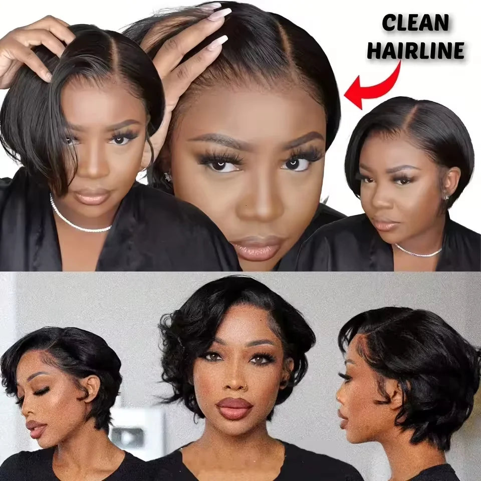 Short Straight Pixie Cut 13*4 Lace Frontal Human Hair Wig Preplucked for Black Women Transparent Lace Closure Short Wig