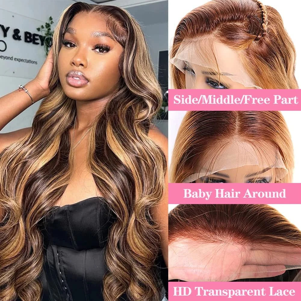 Highlight Ombre Invisi Strap 360 Full Lace Front Wig Human Hair Pre Plucked Body Wave 360 Glueless Upgrade 4/27 Human Hair Wig