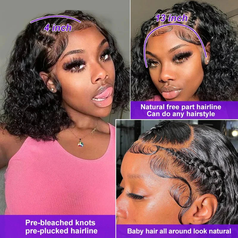 Bob Wigs Human Hair Deep Wave Curly Short Bob Wigs 13X4 Transparent Lace Front Wigs 200% Density 100% Human Hair For Black Women