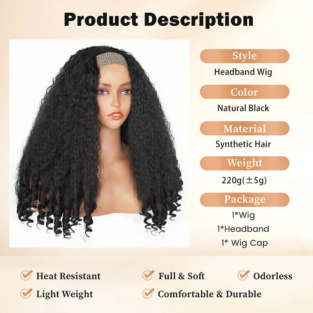 Afro Kinky Straight Headband Wigs For Black Women 22 Inch Natural Black Short Afro Yaki Straight Wigs With Headband Bouncy Curly