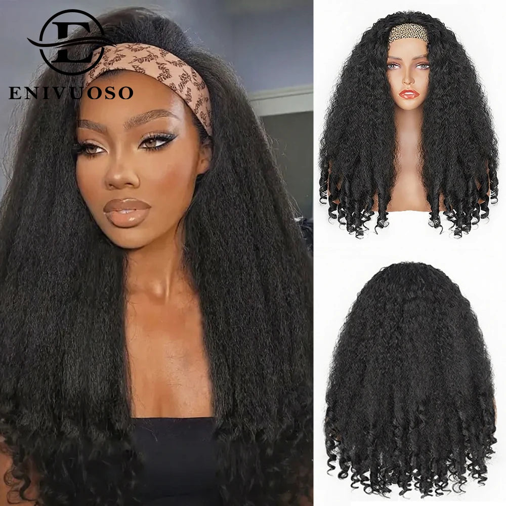 Afro Kinky Straight Headband Wigs For Black Women 22 Inch Natural Black Short Afro Yaki Straight Wigs With Headband Bouncy Curly