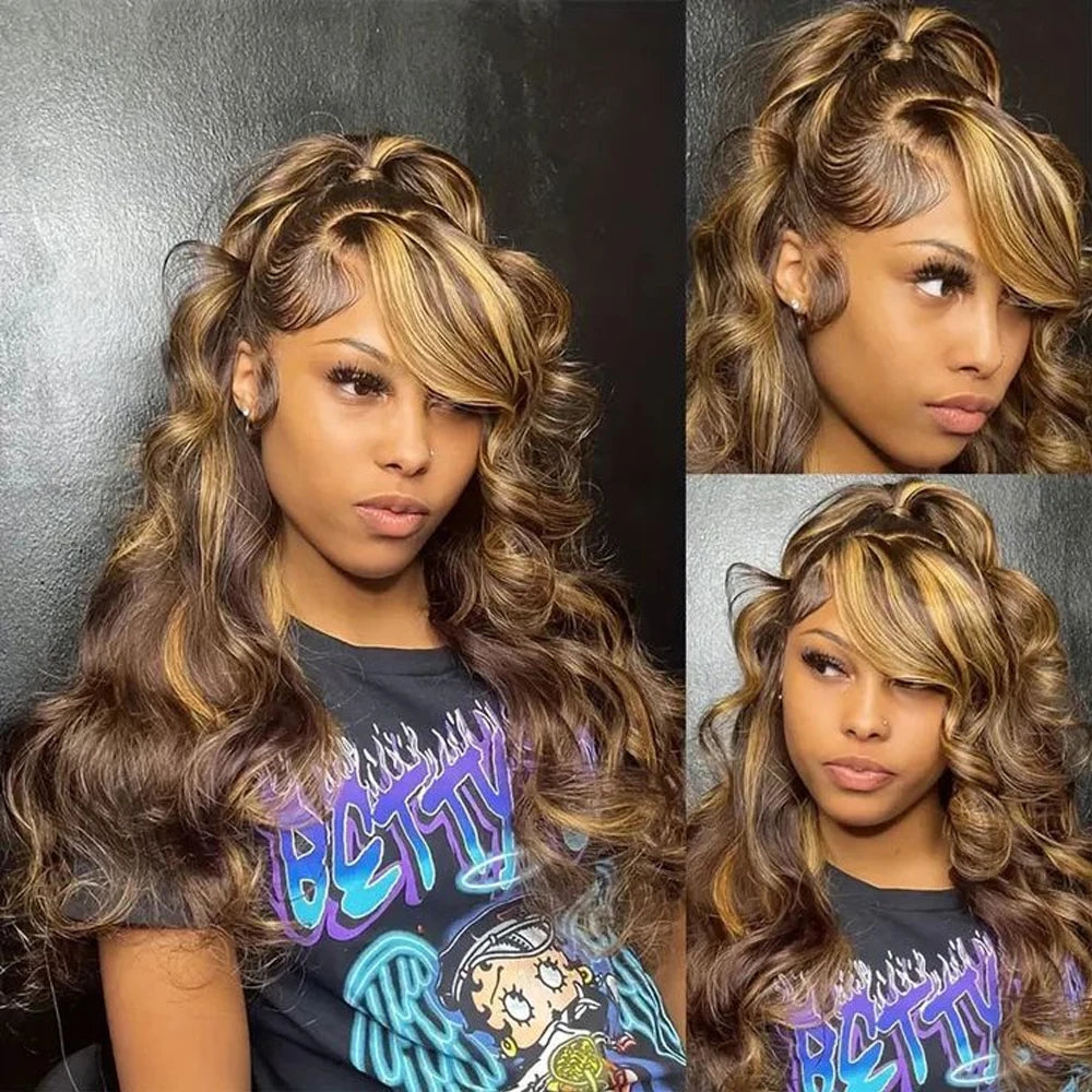 Highlight Ombre Invisi Strap 360 Full Lace Front Wig Human Hair Pre Plucked Body Wave 360 Glueless Upgrade 4/27 Human Hair Wig
