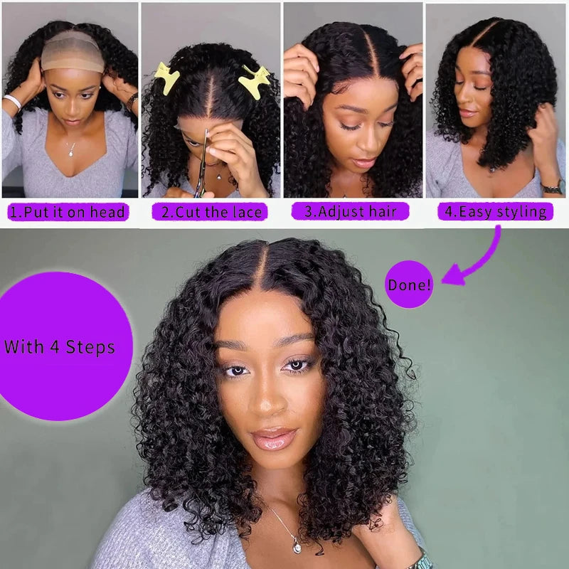 Bob Wigs Human Hair Deep Wave Curly Short Bob Wigs 13X4 Transparent Lace Front Wigs 200% Density 100% Human Hair For Black Women