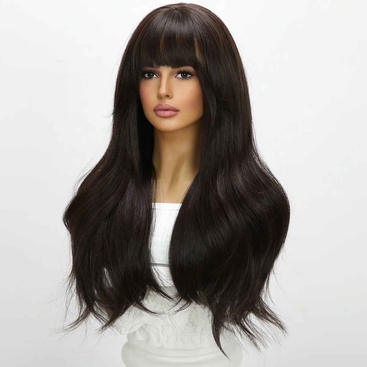 2025 Tea Black Color Synthetic Wigs with Bangs Long Natural Wavy Hair Wig for Women Daily Use Cosplay Party Heat ResistantSM7235