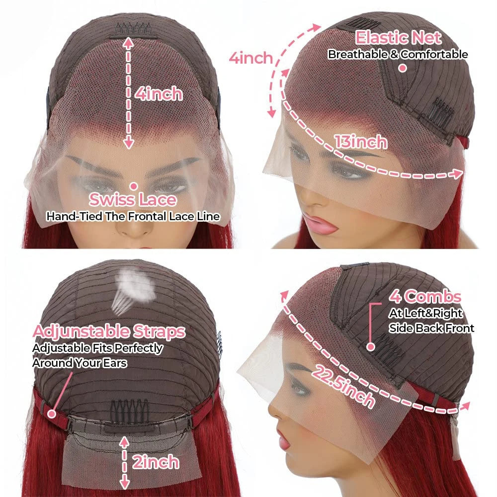 African Brazilian Hair Wig Wine Red Straight Hair Medium Part 13 x 4 Front Lace 12-32 Inches