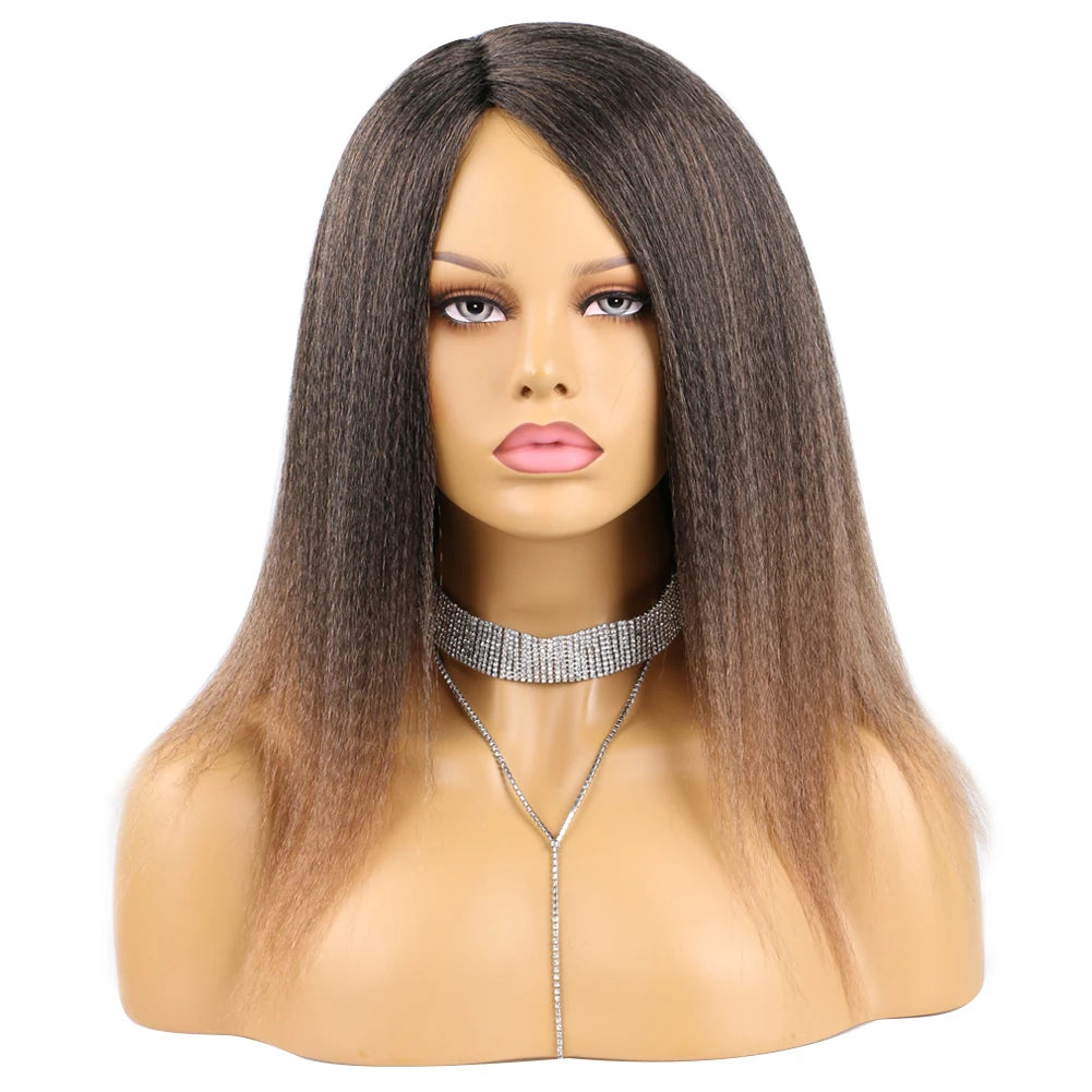 Wholesale 14 Inch Yaki Straight Afro Light Brown Lace Hair Wig Glueless Synthetic Middle Part Women Machine-Made Long Wigs
