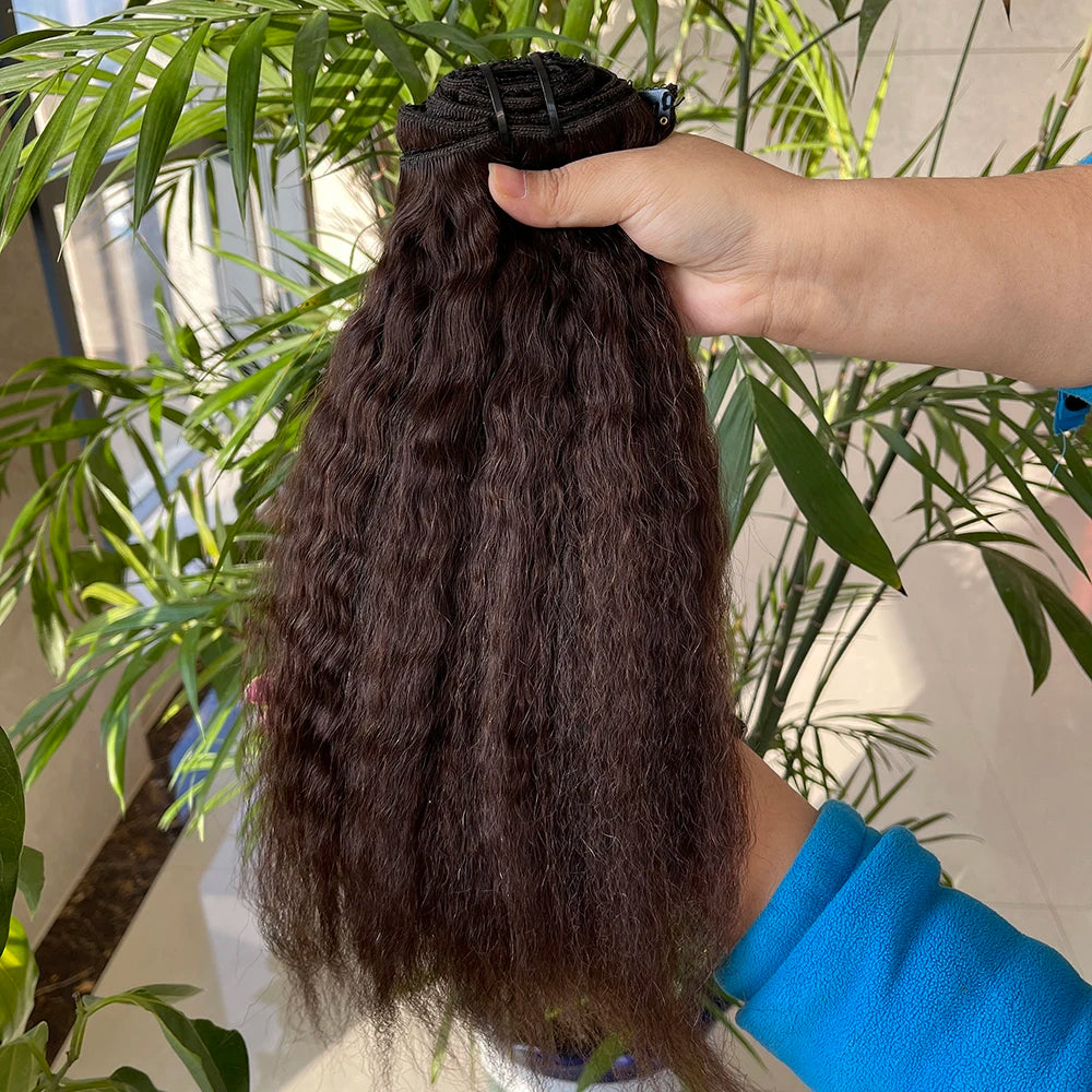 Fast Shipping 12A #2 Brown Remy Afro Kinky Curly Hair Clip in Extensions,Kinky Yaki Straight Human Hair Extensions Clip Ins