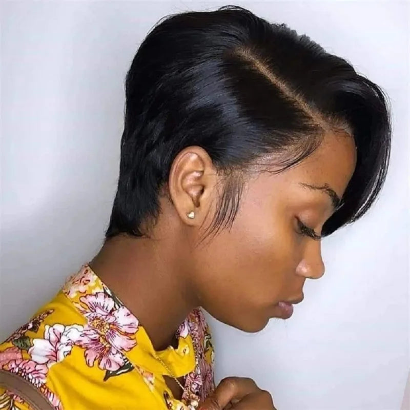 8 Inch 13*4 Pixie Short Straight Remy Hair Wig French Lace Base Material Transparent Lace Front Human Hair Frontal Extension