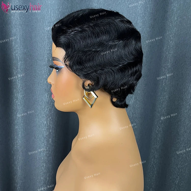Factory Price Short Bob Pixie Cut Glueless Human Hair Wig None Lace Front Wig With Bangs Natural Black Full Machine Made Wigs