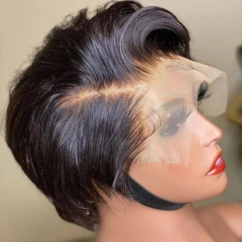 8 Inch 13*4 Pixie Short Straight Remy Hair Wig French Lace Base Material Transparent Lace Front Human Hair Frontal Extension