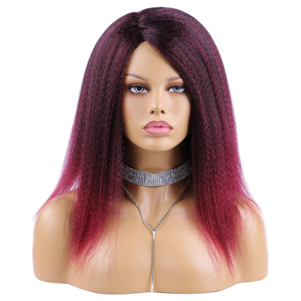 Wholesale 14 Inch Yaki Straight Afro Light Brown Lace Hair Wig Glueless Synthetic Middle Part Women Machine-Made Long Wigs