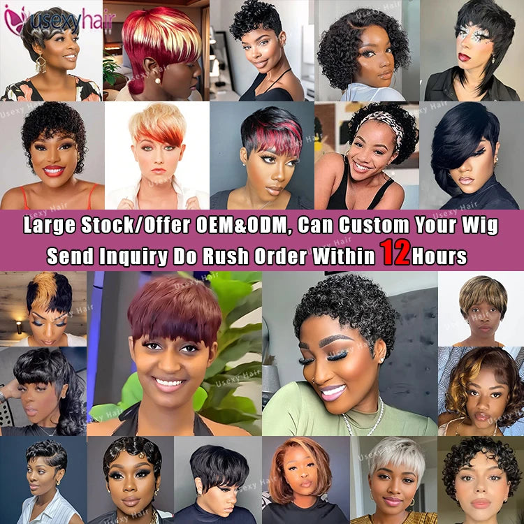 Factory Price Short Bob Pixie Cut Glueless Human Hair Wig None Lace Front Wig With Bangs Natural Black Full Machine Made Wigs