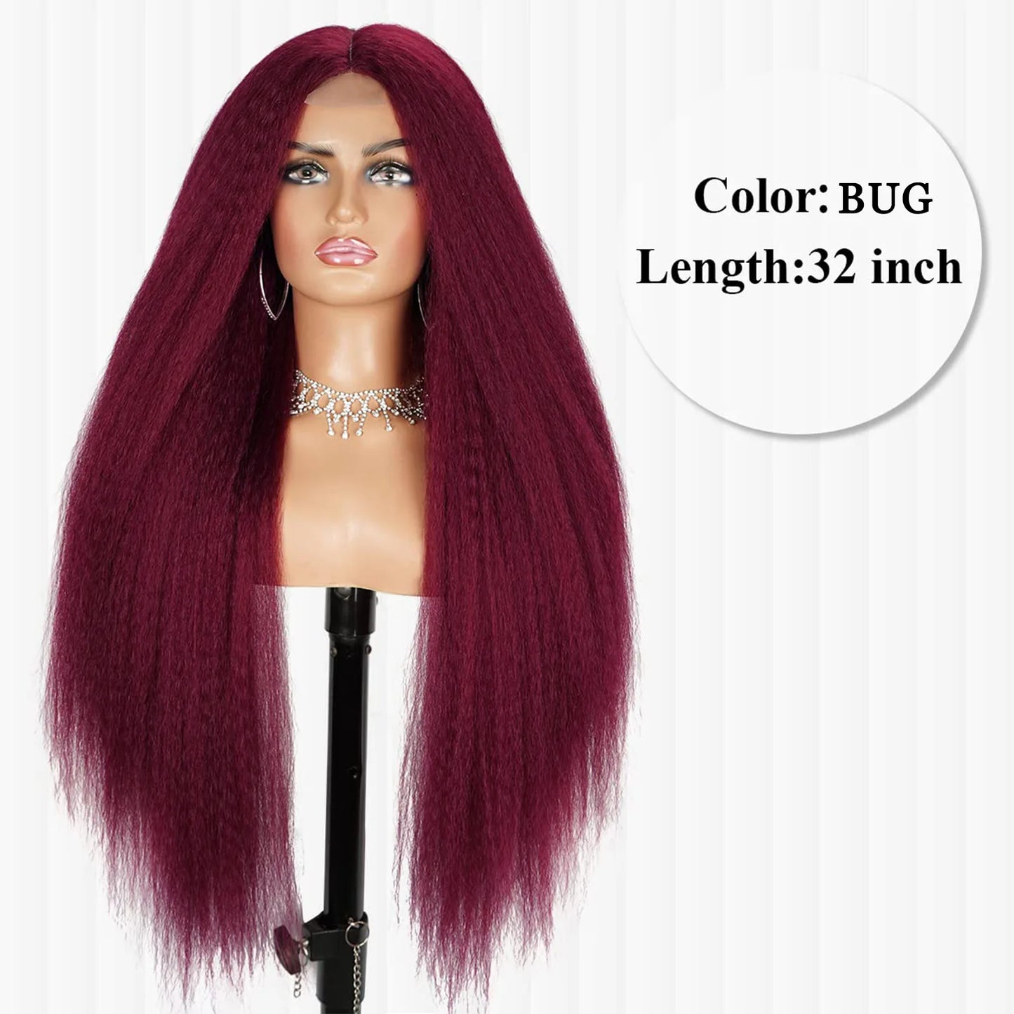 32-Inch Middle Center Part Hair Wig Yaki Kinky Straight Afro Synthetic Fiber Glueless Machine-Made Wigs Women