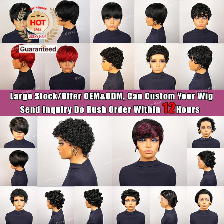 Burgundy Pixie Cut Wig Glueless Full Machine Made Human Hair Wig With Bangs 99J Colored Layered Wavy Different Style Short Wig