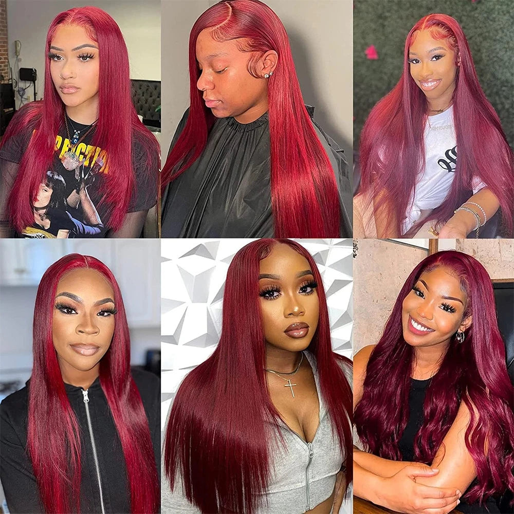 African Brazilian Hair Wig Wine Red Straight Hair Medium Part 13 x 4 Front Lace 12-32 Inches