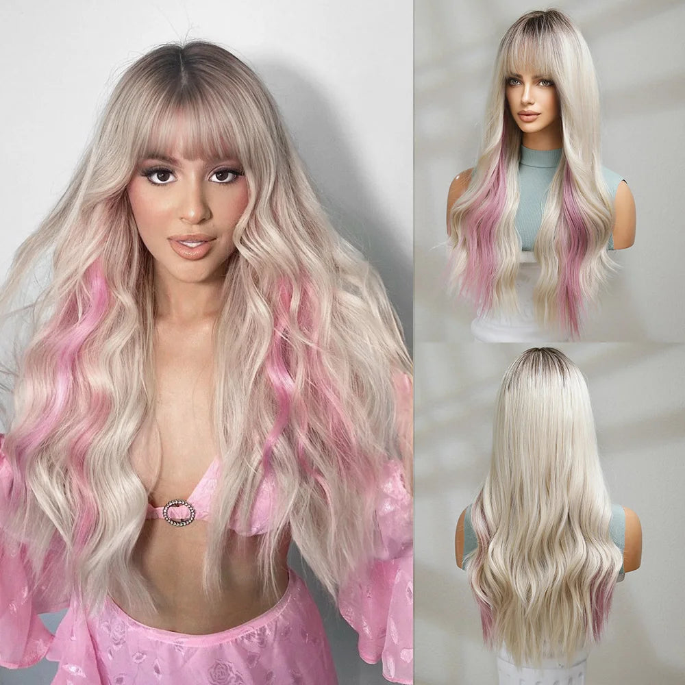 26-Inch Straight Hair Wig Loose Wave Ombre Blonde Gradient Gold Pick Pink Long Curly High-Temperature Fiber Styles Women