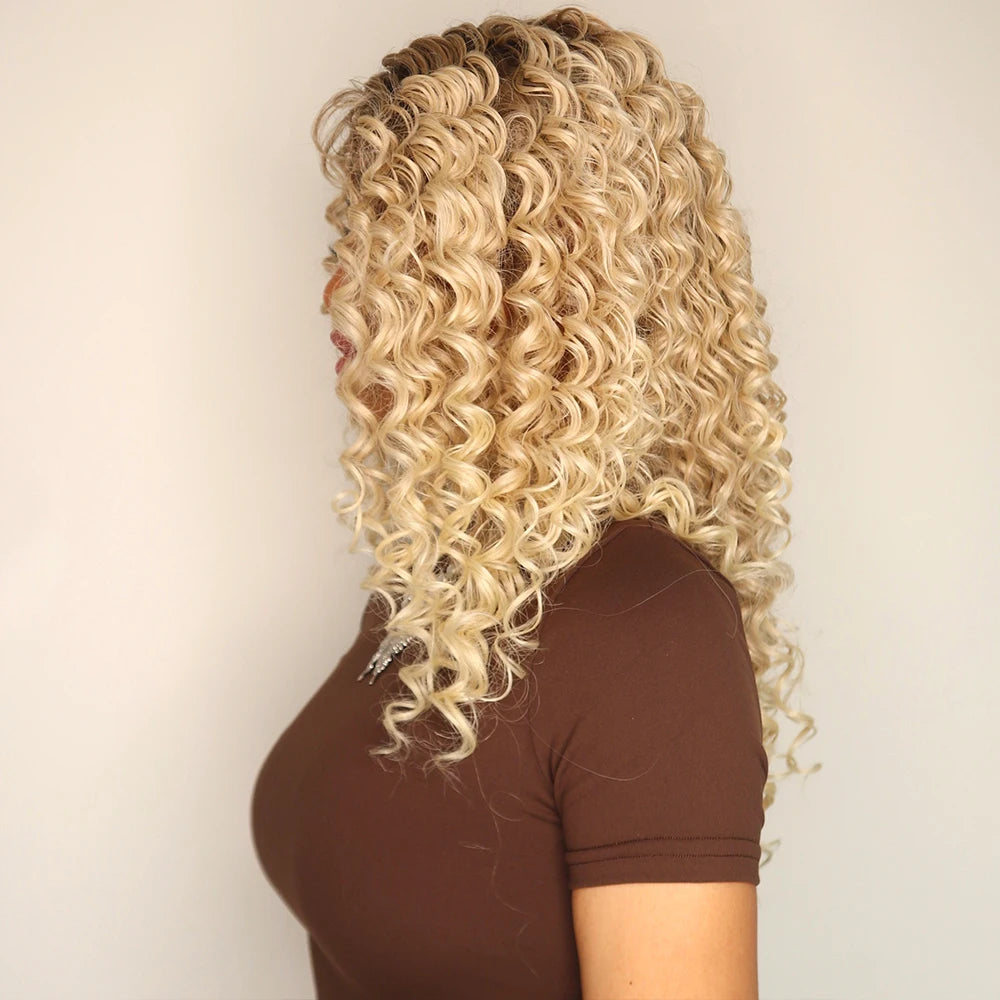 Peluca Women Blonde Kinky Curly Hair Wigs Medium Length Lace Frontal Wigs for Black Women