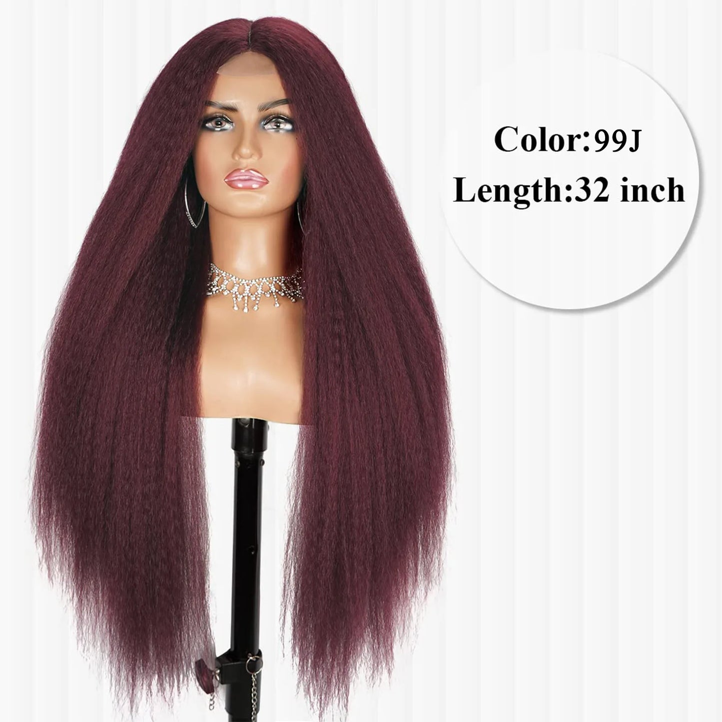 32-Inch Middle Center Part Hair Wig Yaki Kinky Straight Afro Synthetic Fiber Glueless Machine-Made Wigs Women