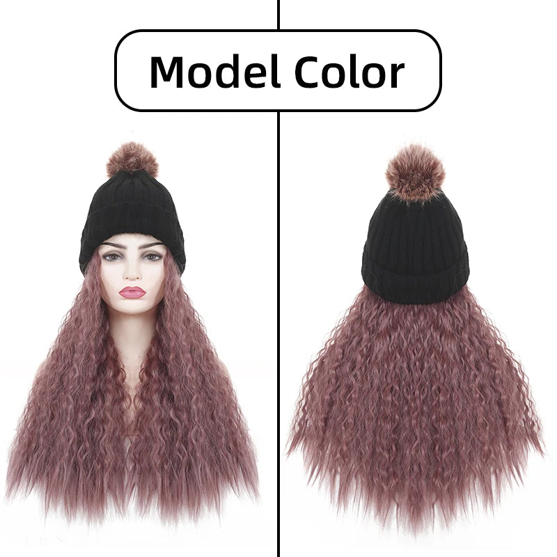 Fashion Warm Winter Beanie Kinky Curly Hair Wig Attached Hat Cap With Hair Natural Brown Long Synthetic Wig for Black Women