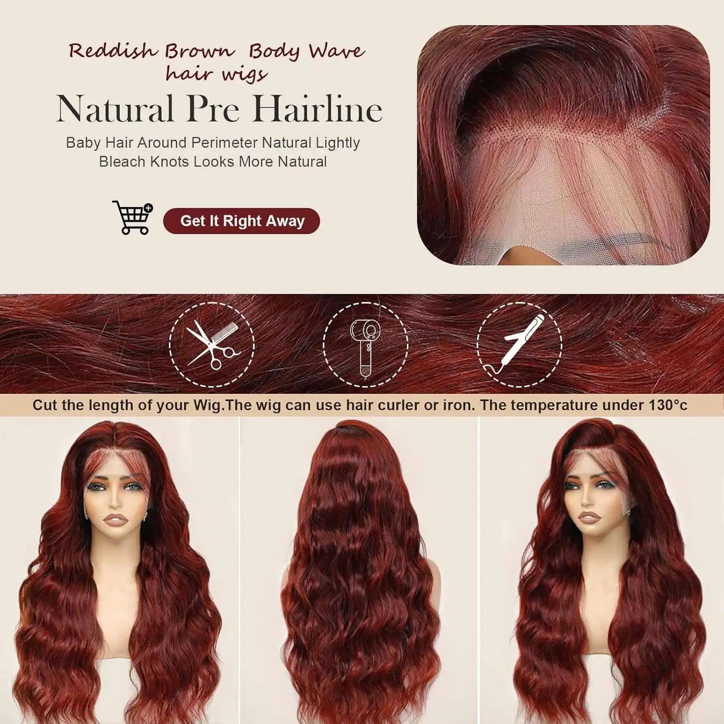 34 Inch Reddish Brown Body Wave HD Lace Front Human Hair Wig PrePlucked 13x4 Colored Human Hair Glueless Lace Frontal Wigs