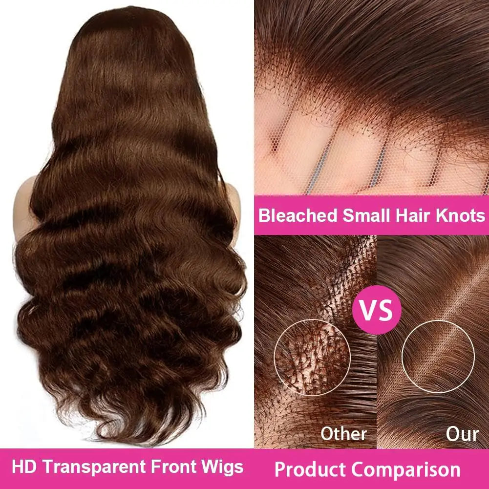 Chocolate Brown Color 13x6 Transparents Lace Front Human Hair Wig 100% Original Virgin Body Wave HD Lace Frontal Wigs