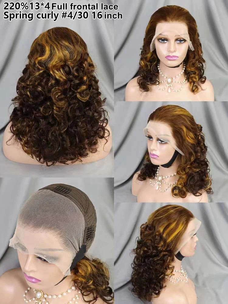 Wholesale 13*4 Full Frontal Lace Spring Curly Brazilian Wig 16 Inch 220% Density 99J Raw Human Hair Wig for Black Women