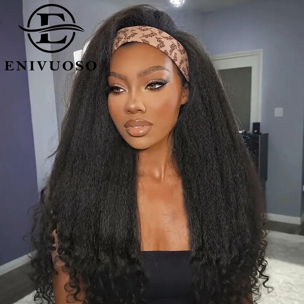Afro Kinky Straight Headband Wigs For Black Women 22 Inch Natural Black Short Afro Yaki Straight Wigs With Headband Bouncy Curly