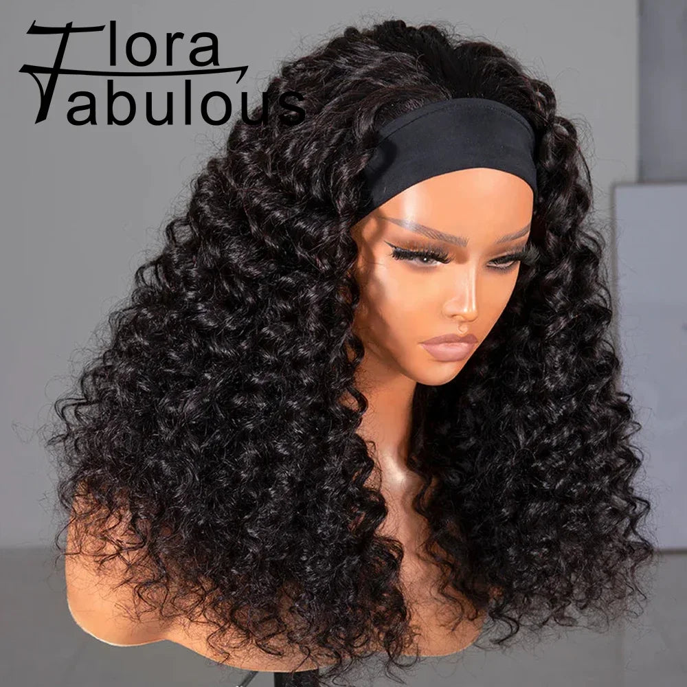 Kinky Curly Headband Wigs Brazilian Remy Human Hair 180% Density 20 Inch Wear to Go Glueless Water Wave Headband Wig For Women