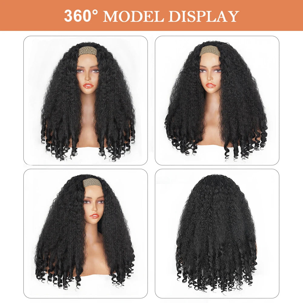 Afro Kinky Straight Headband Wigs For Black Women 22 Inch Natural Black Short Afro Yaki Straight Wigs With Headband Bouncy Curly