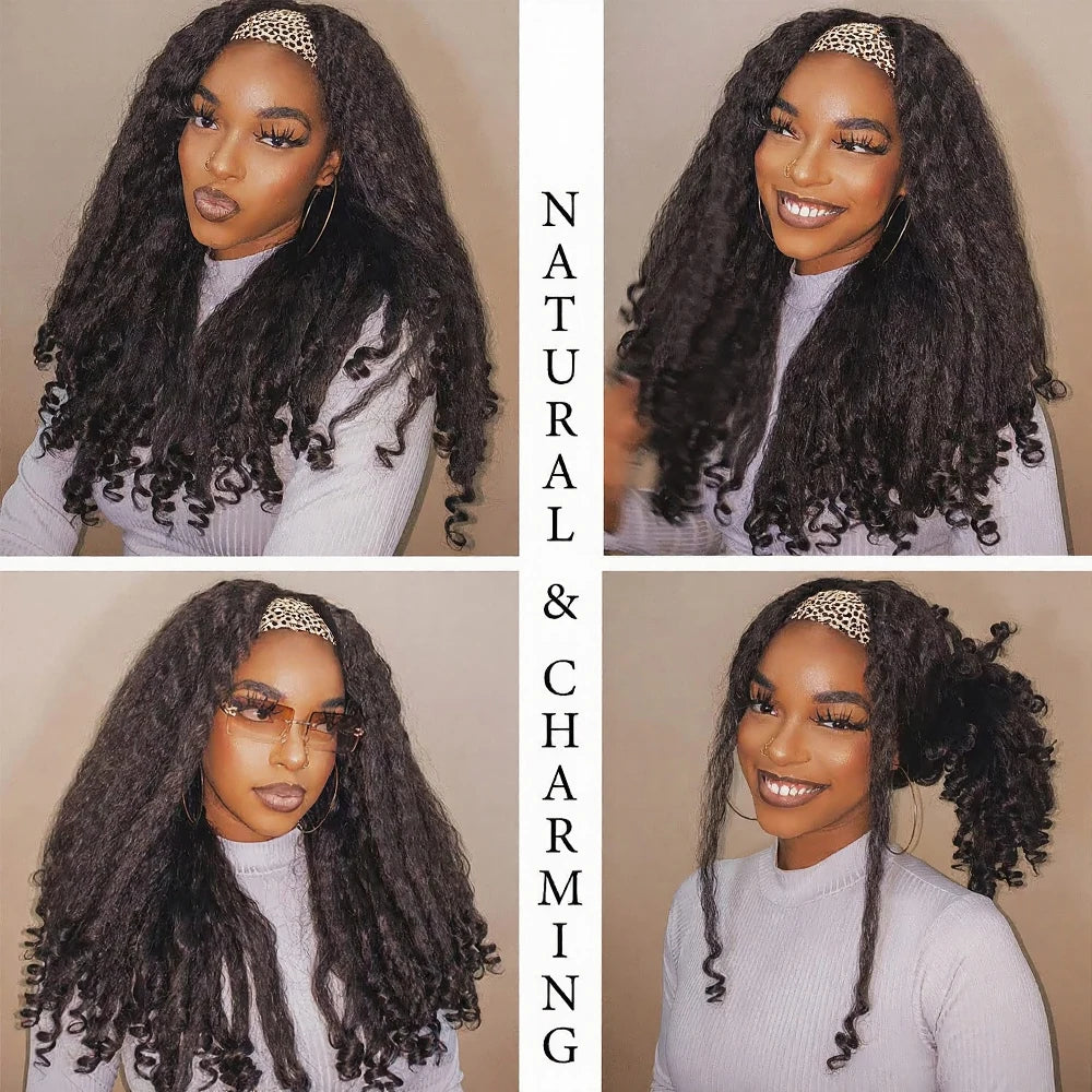 Afro Kinky Straight Headband Wigs For Black Women 22 Inch Natural Black Short Afro Yaki Straight Wigs With Headband Bouncy Curly