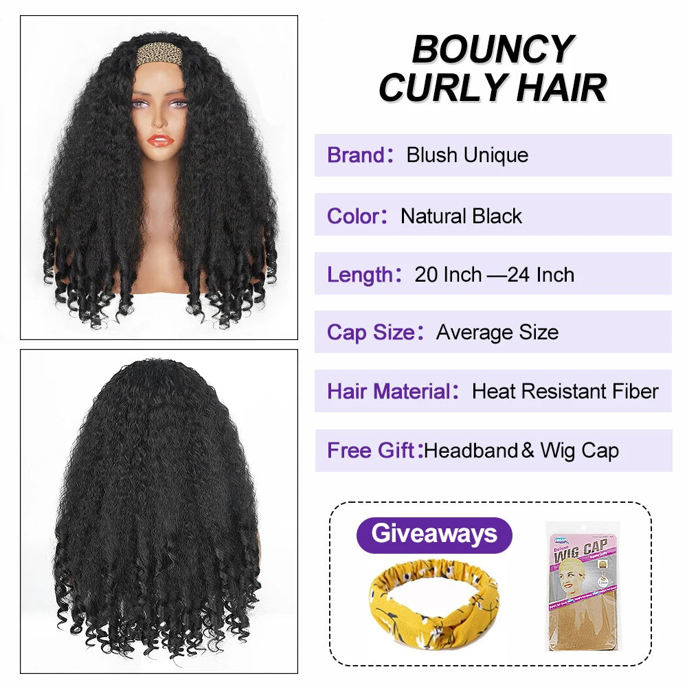 Afro Kinky Straight Headband Wigs For Black Women 22 Inch Natural Black Short Afro Yaki Straight Wigs With Headband Bouncy Curly