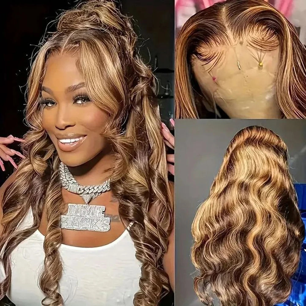Highlight Ombre Invisi Strap 360 Full Lace Front Wig Human Hair Pre Plucked Body Wave 360 Glueless Upgrade 4/27 Human Hair Wig