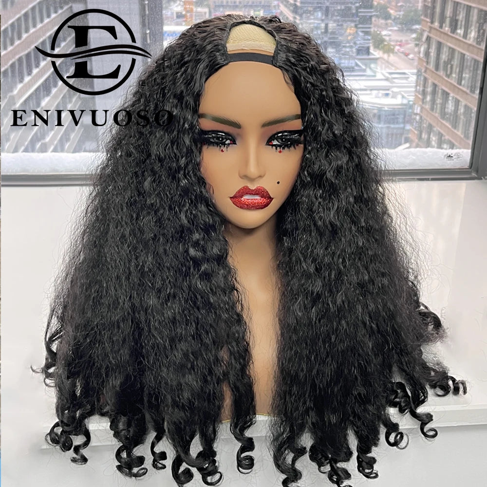 Afro Kinky Straight Headband Wigs For Black Women 22 Inch Natural Black Short Afro Yaki Straight Wigs With Headband Bouncy Curly