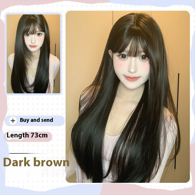 Wig Female Dark Brown Round Face Natural Full-head Wig