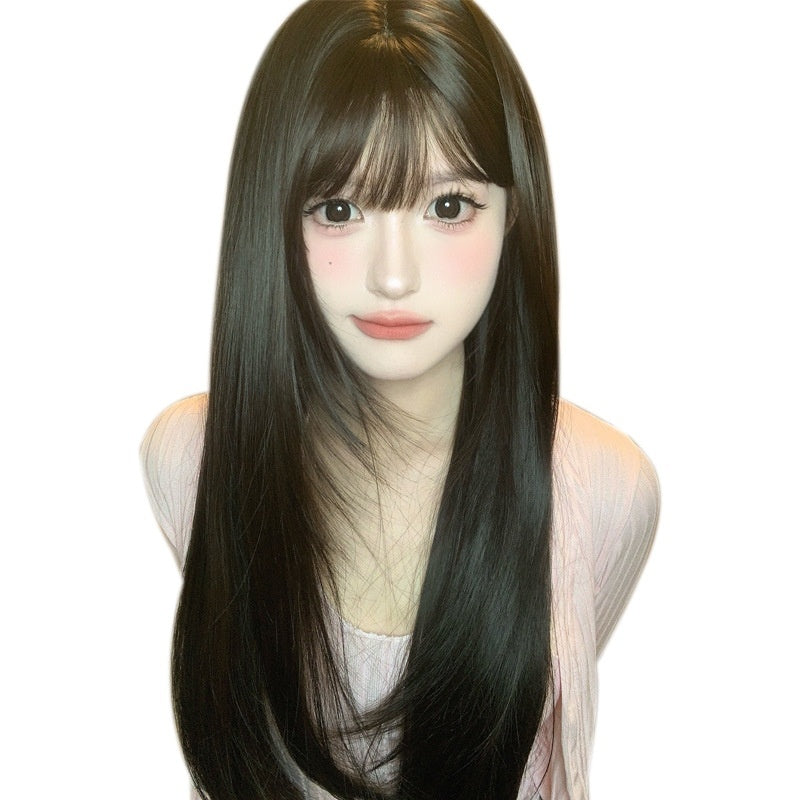 Wig Female Dark Brown Round Face Natural Full-head Wig