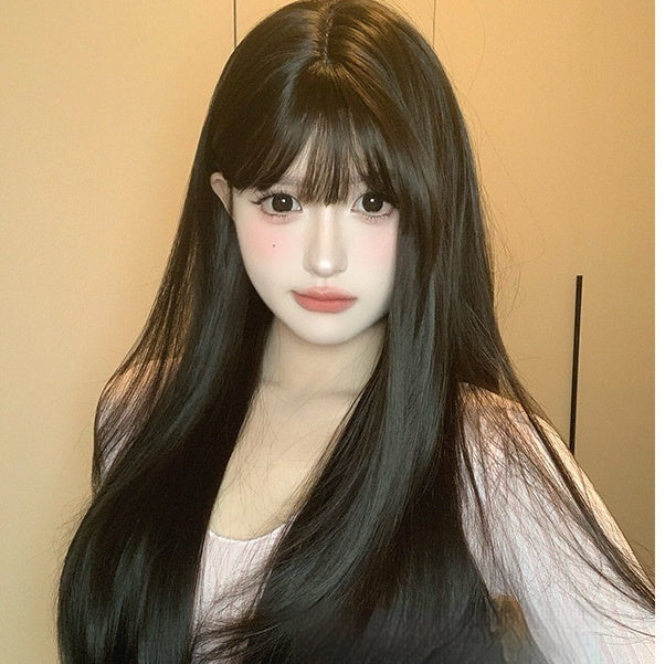 Wig Female Dark Brown Round Face Natural Full-head Wig