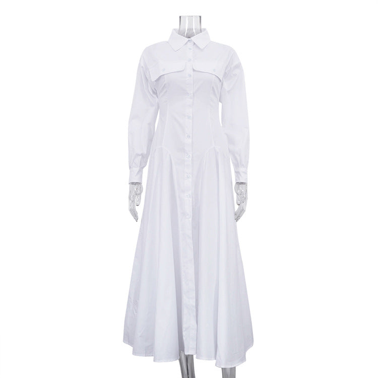 Turn-down Collar Long-sleeve Pleated Single-breasted Shirt Dress