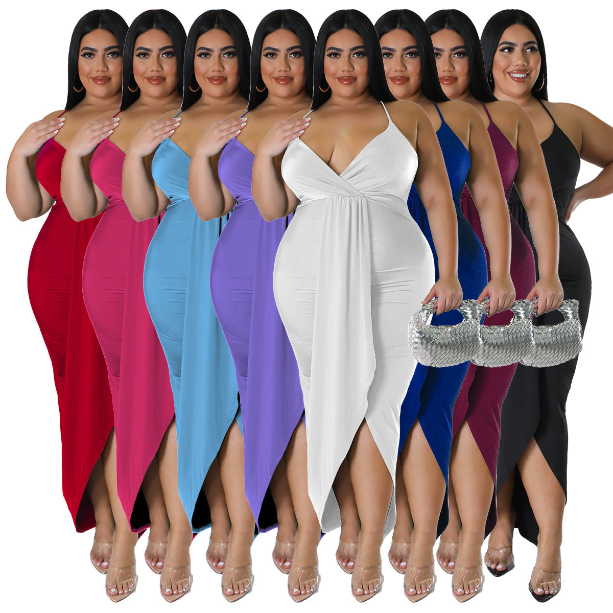Adjustable-strap Sleeveless V-neck Stretch Dress