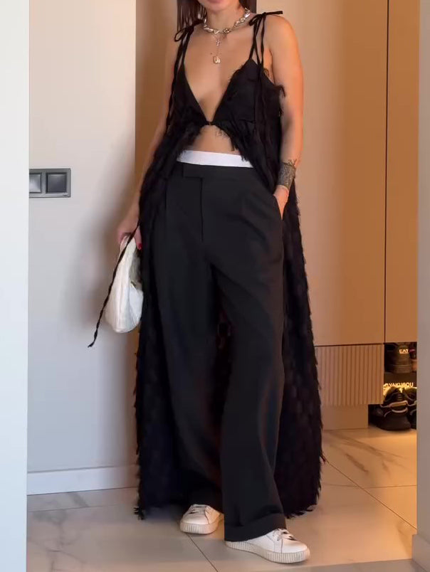 Black Suspender Tassel Tie Long Top