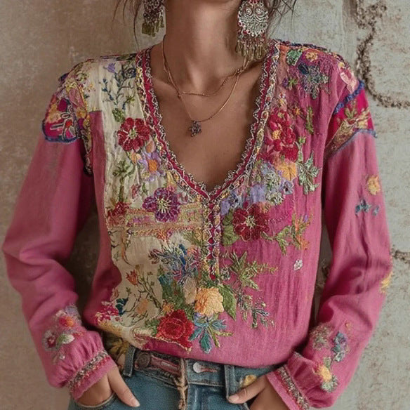 Artistic Printed Crew Neck Long-sleeve Blended Fabric T-shirt Blouse With Ethnic Style