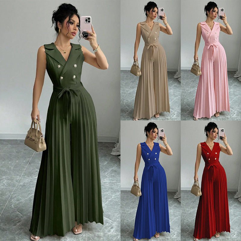 Suit Collar Bow Tie Belted Waist Pleated Jumpsuit