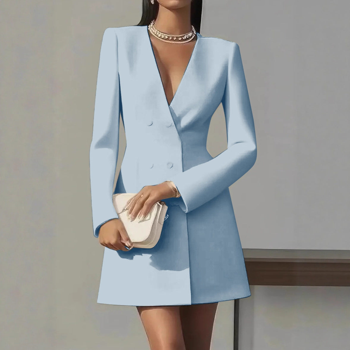Solid-color V-neck Suit-style French Dress For Women