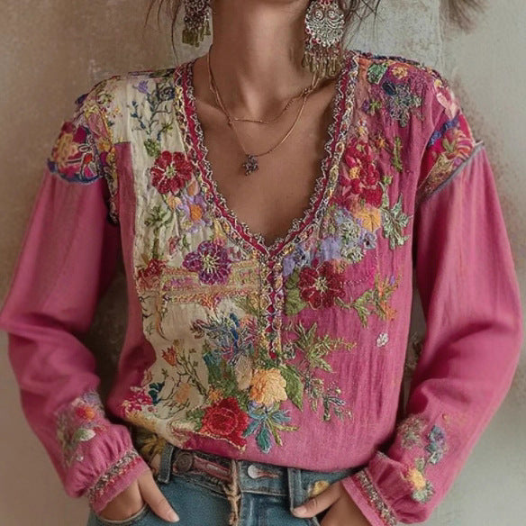 Artistic Printed Crew Neck Long-sleeve Blended Fabric T-shirt Blouse With Ethnic Style