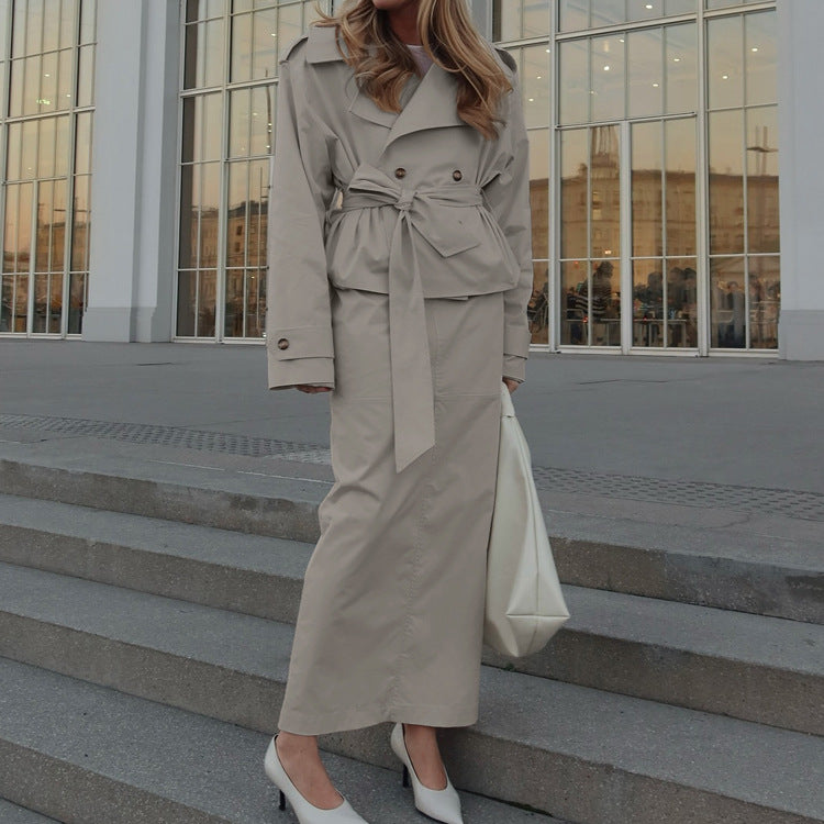 Turn-down Collar Long-sleeve Trench Coat And Commuter Two-piece Set