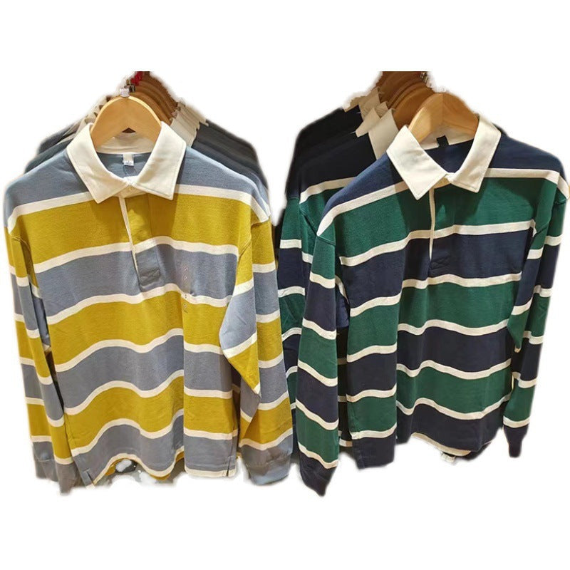 Casual Polo Shirt Long-sleeve Loose-fit Striped T-shirt
