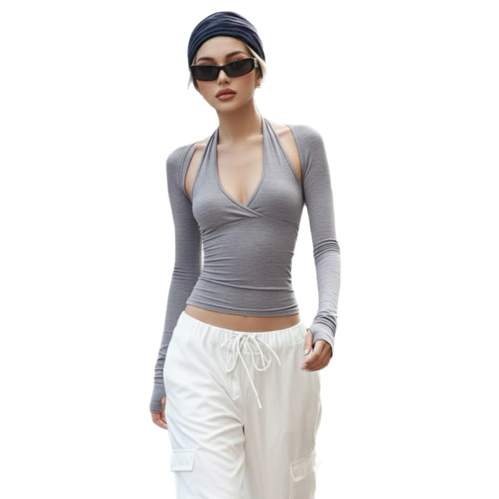 Women's Halterneck Waist-Cinching Camisole With Long Sleeves